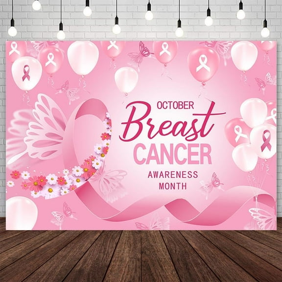 Breast Cancer Awareness Backdrop Banner with 5x3ft, Hope Faith Strength Courage Breast Cancer Pink Ribbon Banner Photography Background for Party Decor Photo Booth Studio Props