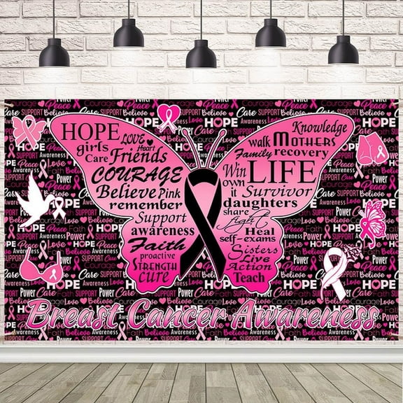 Breast Cancer Awareness Backdrop Banner Caring for Women's Health Pink Butterfly Ribbon Hope Faith Strength Courage Sign for The People Care About Women