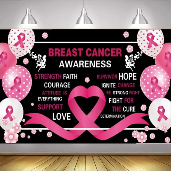 Breast Cancer Awareness Backdrop Banner Decorations with 70.8"X43.3", Hope Faith Strength Courage Breast Cancer Pink Month Photography Background for Charity Activities Party Decor