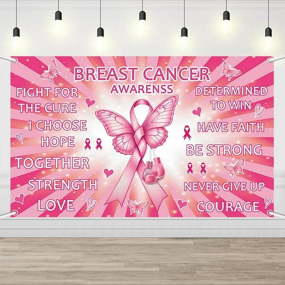 Breast Cancer Awareness Backdrop Pink Power Banner Hope Faith Strength Courage Survivor Signs Women Health Walk Charity Party Supplies
