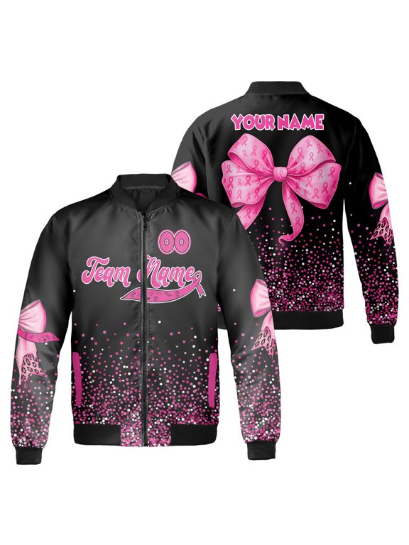 Breast Cancer Awareness Bomber Jacket – Custom Name & Number – Pink Ribbon Support Jacket for Men & Women