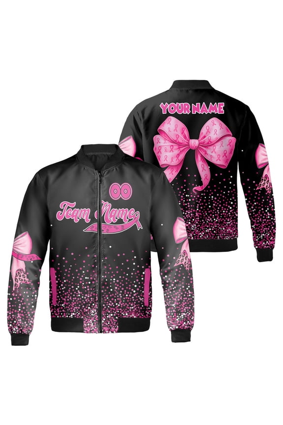 Breast Cancer Awareness Bomber Jacket – Custom Name & Number – Pink Ribbon Support Jacket for Men & Women