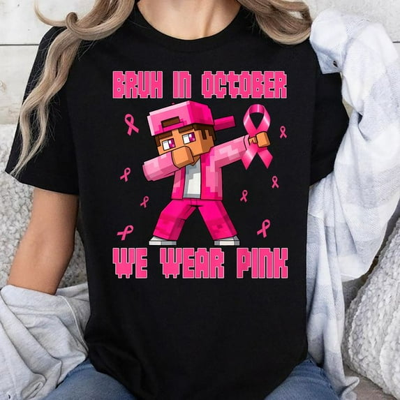 Breast Cancer Awareness Boys Bruh in October We Wear Pink T-Shirt Unisex, Sizes S-5XL, Gategoo