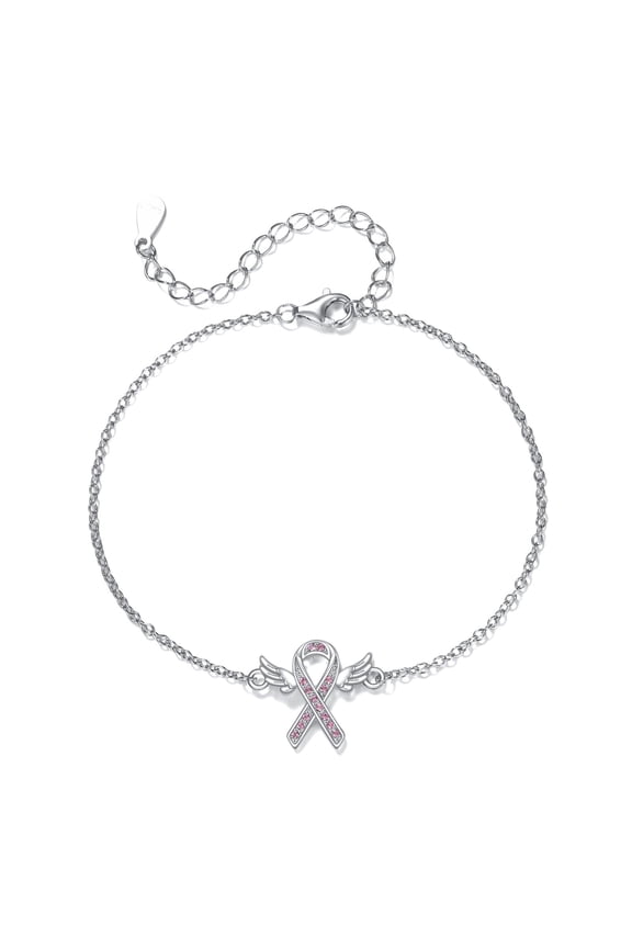 Breast Cancer Awareness Bracelet 925 Sterling Silver Angel Wings Pink Ribbon Bracelet Breast Cancer Survivor Gift for Women
