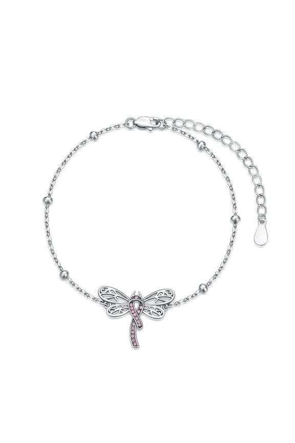 Breast Cancer Awareness Bracelet Sterling Silver Dragonfly Pink Ribbon Bracelet Breast Cancer Survivor Gift for Women