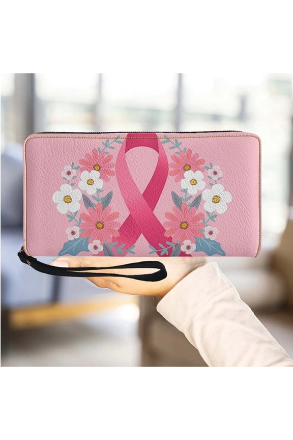 Breast Cancer Awareness Brand Design Leather Zipper Wallet Multi-Card Organizer Card Holder Travel Party Small Coin Purse Clutch