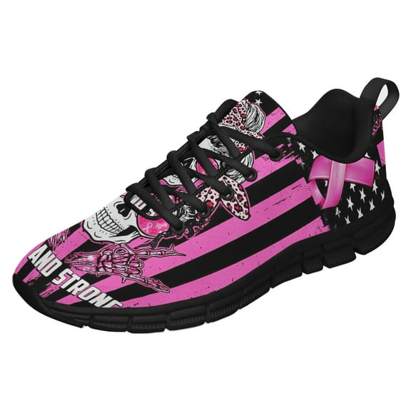 Breast Cancer Awareness Brave And Strong Skull Running Shoes Sneakers Mesh Black Size 3.5