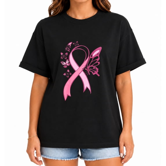 Breast Cancer Awareness Butterfly Pink Ribbon Graphic Short Sleeve T-Shirt for Women