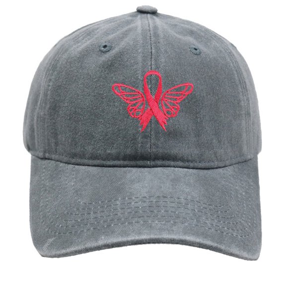 Cancer Awareness Cap for Men Women Adjustable Embroidered Pink Ribbon Washed Baseball Hats,Vintage Cotton Hat Cancer Awareness Hope Hat Gifts for Women(Grey)
