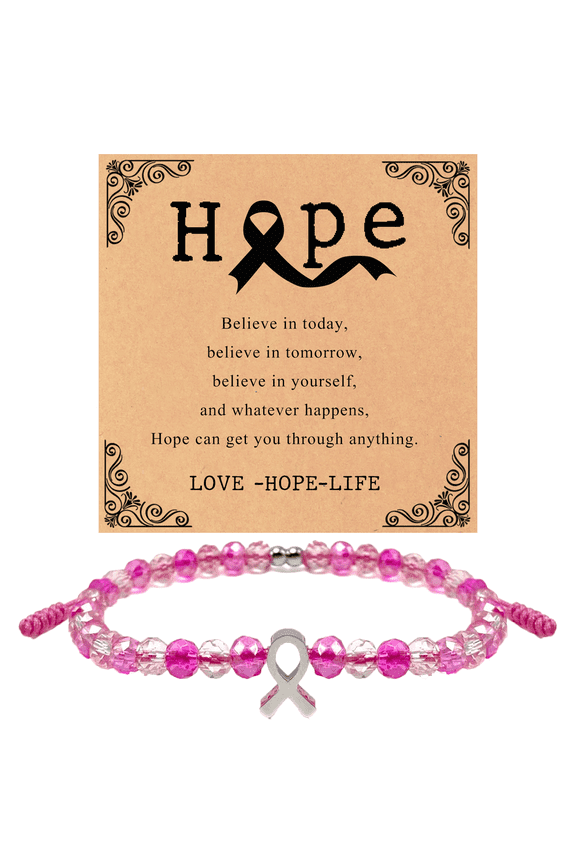 Breast Cancer Awareness Crystal Bead Bracelet with Charity Ribbon Pendant Jewelry