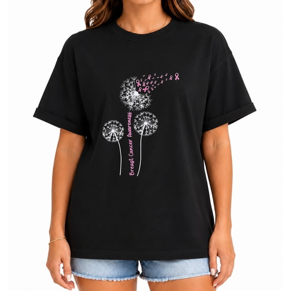 Breast Cancer Awareness Dandelion Ribbon Graphic Short Sleeve T-Shirt for Women