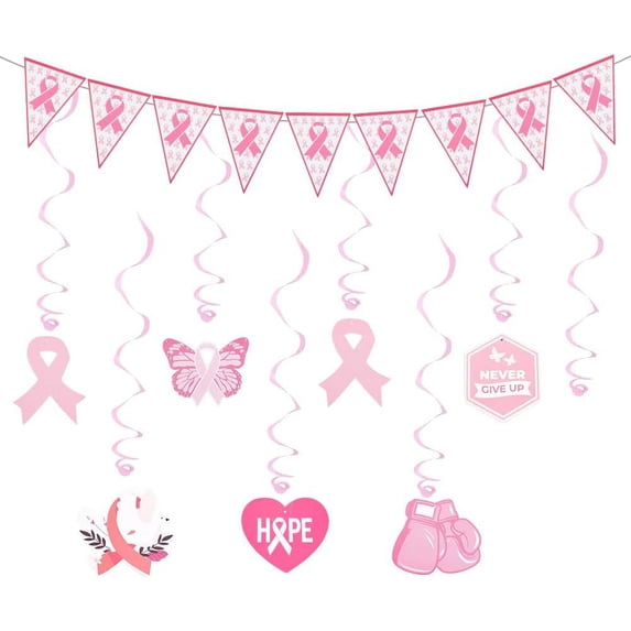Breast Cancer Awareness Decorations Pink Ribbon Pennant Banners Wall Hanging Hope Butterfly Bird Swirls Set for Breast Cancer Awareness Party Fundraising Charity Event Accessories