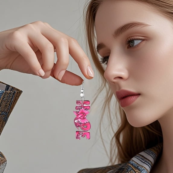 Cancer Awareness Earrings Pink Ribbon Earrings for Women, Ribbon Drop Earrings Cancer_Survivor Support Jewelry Cancer Awareness Accessories Gifts for Women (D)