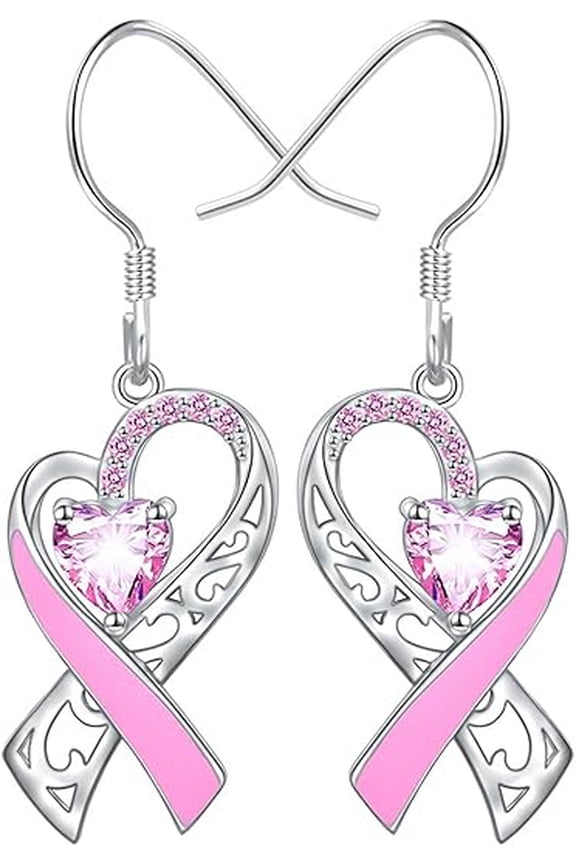 Breast Cancer Awareness Earrings For Women, Pink Ribbon Heart Dangle Drop Earrings Breast Cancer Survivor Gift Support Christmas Thanksgiving Holiday Jewelry