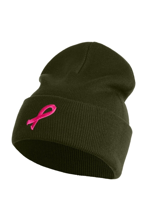 Breast Cancer Awareness Embroidered Patched 12 Inch Long Knitted Beanie - Olive OSFM