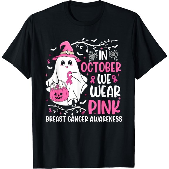 Breast Cancer Awareness For Women Girl Witch Ghost Halloween T-Shirt