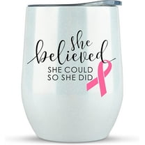 Breast Cancer Awareness Gift Large 12oz GLITTER White Tumbler for Wine or Coffee- Idea for Women, Post Surgery, Survivor, Chemo, Glass, Care Packages, Baskets, Chemotherapy Patients