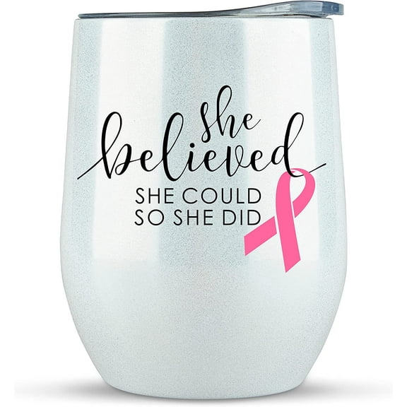 Breast Cancer Awareness Gift Large 12oz GLITTER White Tumbler for Wine or Coffee- Idea for Women, Post Surgery, Survivor, Chemo, Glass, Care Packages, Baskets, Chemotherapy Patients