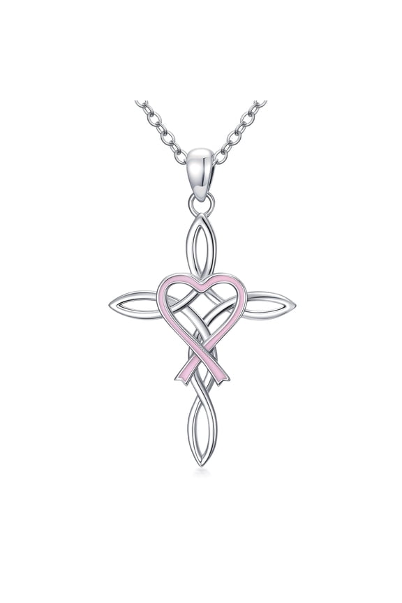 Breast Cancer Awareness Gifts 925 Sterling Silver Pink Ribbon Celtic Cross Pendant Necklace Breast Cancer Survivor Jewelry Gifts for Women