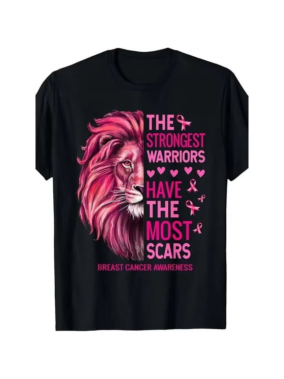 Breast Cancer Awareness Graphic T-Shirt, Warrior Lion Pink Ribbon Support Tee, Inspirational Short Sleeve Shirt Casual Cotton