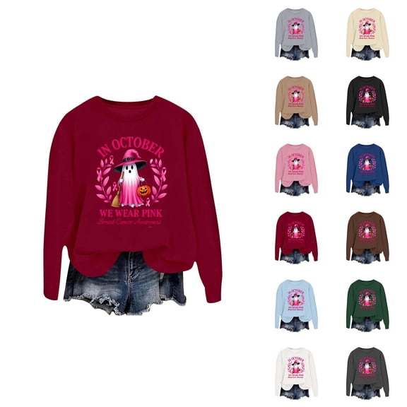 Cancer Awareness Halloween Sweatshirts for Women In October We Wear Pink Crewneck Sweatshirt Pullover Tops