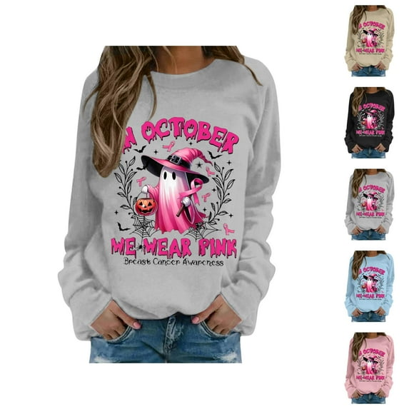 Breast Cancer Awareness Halloween Sweatshirts for Women In October We Wear Pink Ghost Graphic Crewneck Sweatshirt
