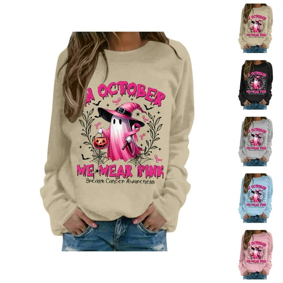 Breast Cancer Awareness Halloween Sweatshirts for Women In October We Wear Pink Ghost Graphic Crewneck Sweatshirt