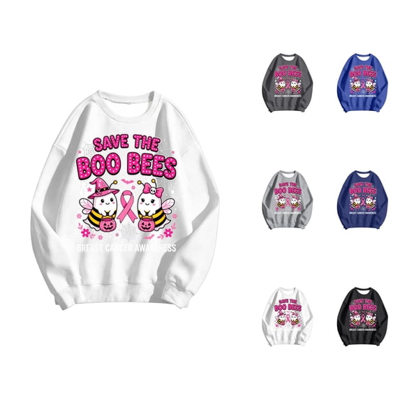 Breast Cancer Awareness Halloween Sweatshirts for Women Loose Crewneck Save The Boo Bees Graphic Sweatshirt Pullover Tops