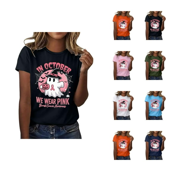 Breast Cancer Awareness Halloween Tshirts Women 2025 In October We Wear Pink Ghost Graphic Halloween Shirts for Women