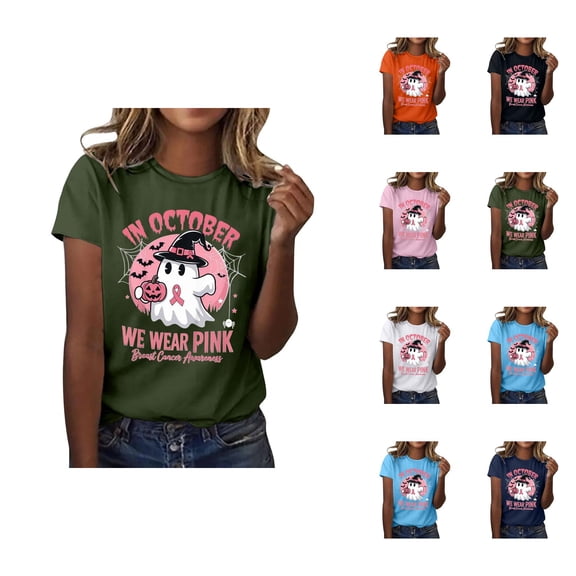 Breast Cancer Awareness Halloween Tshirts Women 2025 In October We Wear Pink Ghost Graphic Halloween Shirts for Women