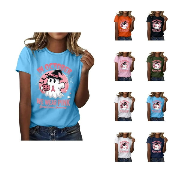 Breast Cancer Awareness Halloween Tshirts Women 2025 In October We Wear Pink Ghost Graphic Halloween Shirts for Women