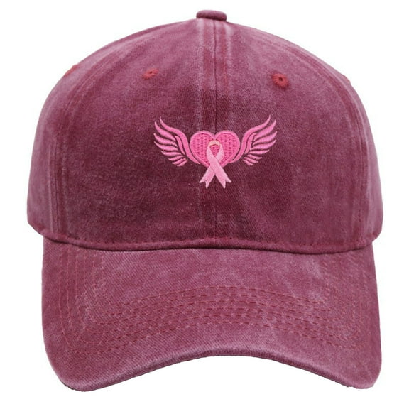 Breast Cancer Awareness Hat - Embroidered_Wings Pink Ribbon Baseball Cap for Men Women Fashionable Adjustable Denim Hat,Hip-Hop Baseball Cap for Unisex Breast Cancer Gifts (Wine)