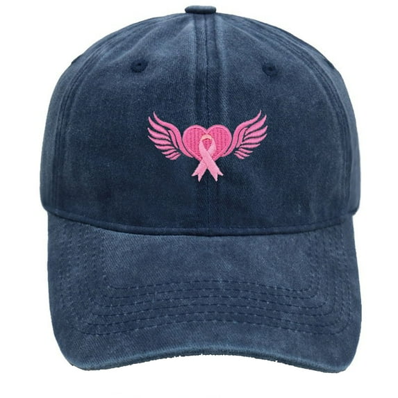 Cancer Awareness Hat - Embroidered_Wings Pink Ribbon Baseball Cap for Men Women Fashionable Adjustable Denim Hat,-Hop Baseball Cap for Unisex Cancer Gifts (Navy)