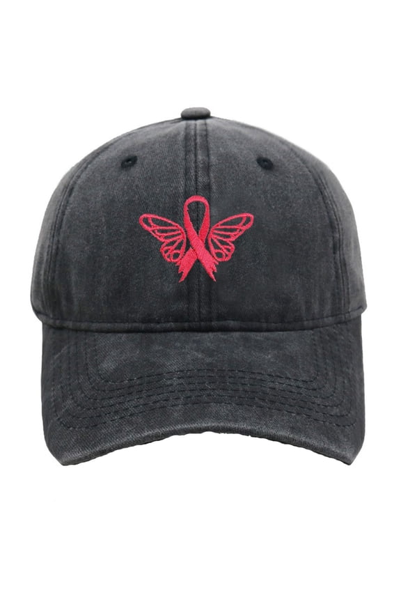 Cancer Awareness Hat for Women,Embroidered Pink Ribbon Denim Baseball Caps, Adjustable Cotton Pink Ribbon Embroidered Baseball Cap Cancer Gifts for Women(Black)