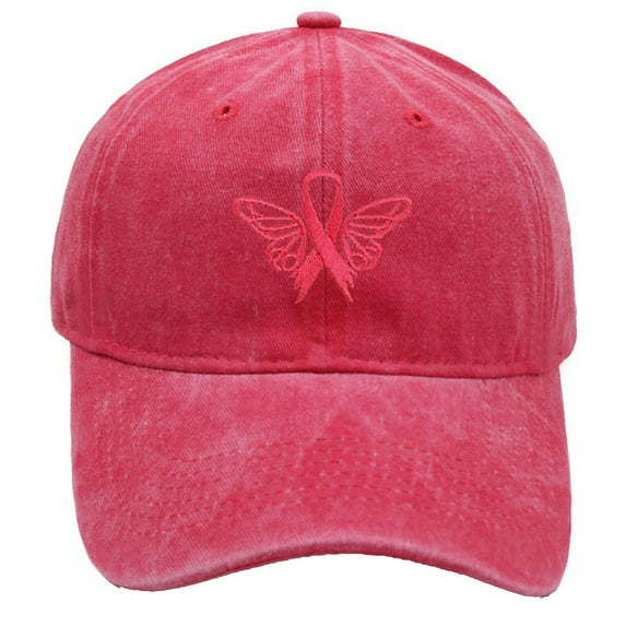 Breast Cancer Awareness Hat for Women,Embroidered Pink Ribbon Denim Baseball Caps, Adjustable Cotton Pink Ribbon Embroidered Baseball Cap Breast Cancer Gifts for Women(Red)