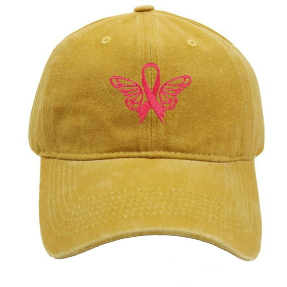 Cancer Awareness Hat for Women,Embroidered Pink Ribbon Denim Baseball Caps, Adjustable Cotton Pink Ribbon Embroidered Baseball Cap Cancer Gifts for Women(Yellow)
