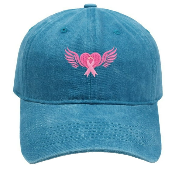 Breast Cancer Awareness Hat for Women,Unisex Vintage Washed Distressed Embroidered_Wings Pink Ribbon Baseball Cap Outdoor Sports Hats Gifts for Woman Men(Blue)