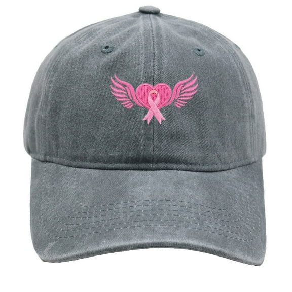 Breast Cancer Awareness Hat for Women,Unisex Vintage Washed Distressed Embroidered_Wings Pink Ribbon Baseball Cap Outdoor Sports Hats Gifts for Woman Men(Grey)