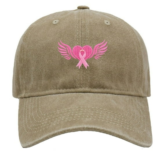 Cancer Awareness Hat for Women,Unisex Vintage Washed Distressed Embroidered_Wings Pink Ribbon Baseball Cap Outdoor Sports Hats Gifts for Woman Men(Khaki)