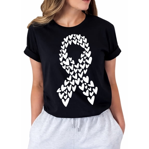 Breast Cancer Awareness Heart Ribbon T-Shirt for Women, Love Hope Support Graphic Short Sleeve Shirt