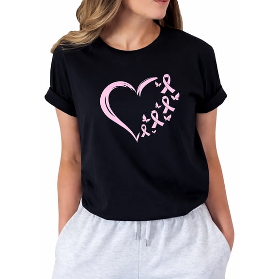 Breast Cancer Awareness Heart and Pink Ribbon T-Shirt for Women, Butterfly Support Graphic Shirt