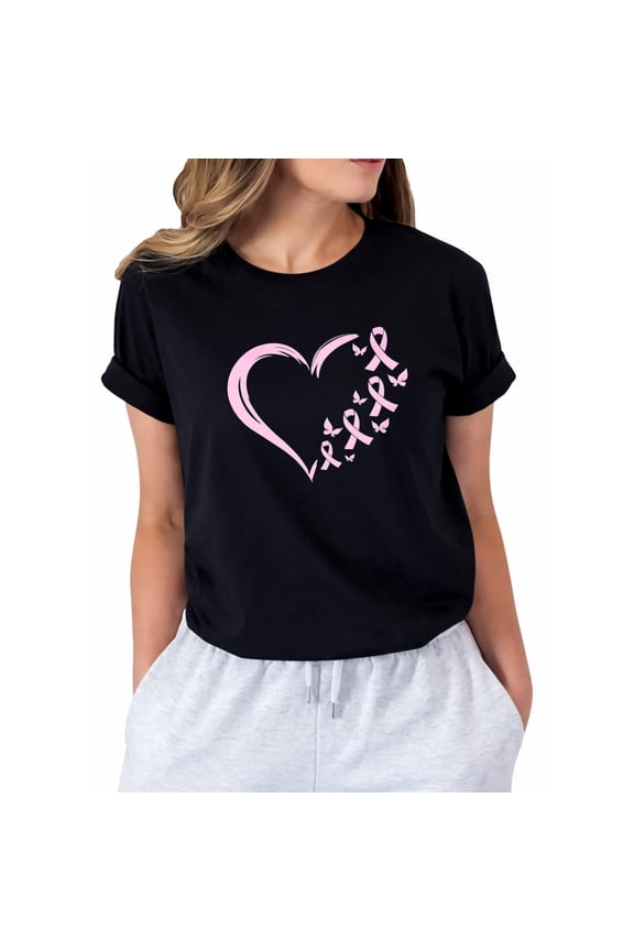 Breast Cancer Awareness Heart and Pink Ribbon T-Shirt for Women, Butterfly Support Graphic Shirt