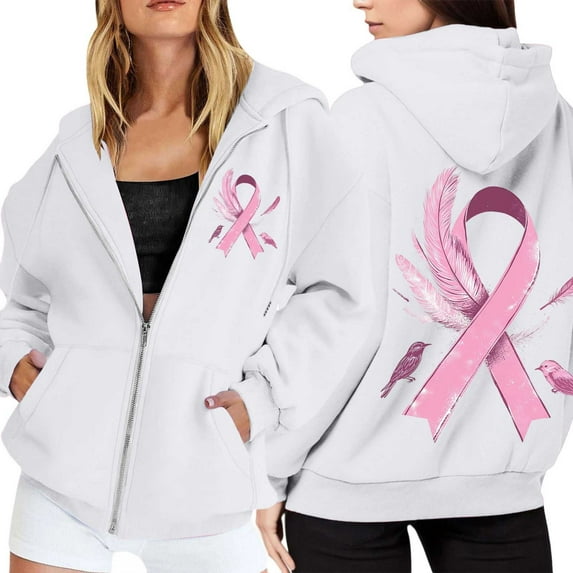 Breast Cancer Awareness Hoodie 2025 Long Sleeve Zip Up Hooded Sweatshirt with Pockets Pullover Hoodies for Women