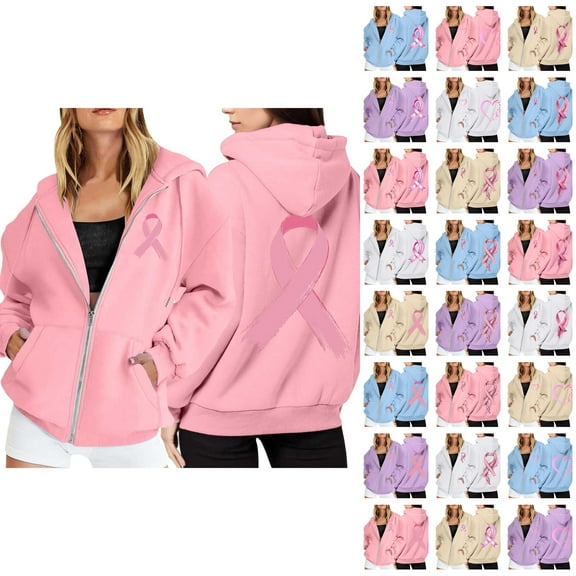 Breast Cancer Awareness Hoodie 2025 Long Sleeve Zip Up Hooded Sweatshirt with Pockets Pullover Hoodies for Women