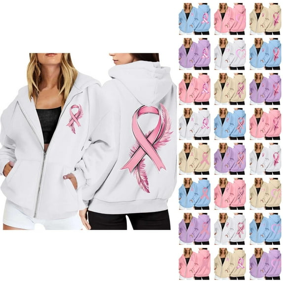 Breast Cancer Awareness Hoodie 2025 Long Sleeve Zip Up Hooded Sweatshirt with Pockets Pullover Hoodies for Women