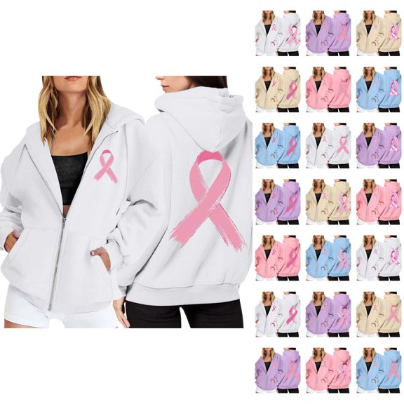 Breast Cancer Awareness Hoodie 2025 Long Sleeve Zip Up Hoodies with Pockets Hooded Sweatshirt Hoodie Women Jacket