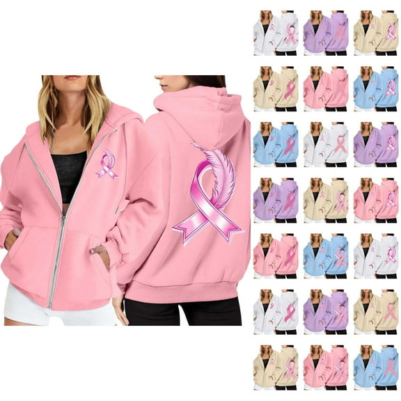 Breast Cancer Awareness Hoodie 2025 Long Sleeve Zip Up Hoodies with Pockets Hooded Sweatshirt Hoodie Women Jacket