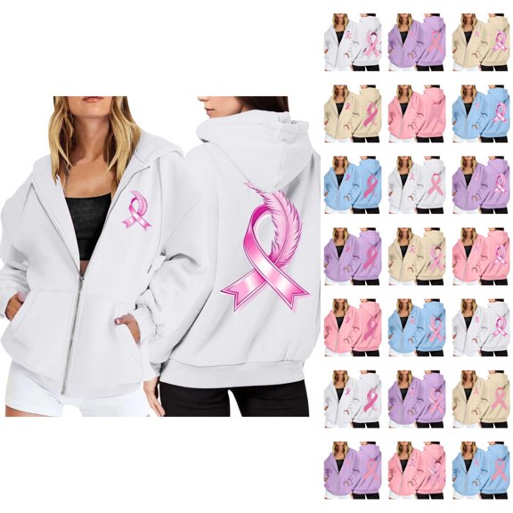 Breast Cancer Awareness Hoodie 2025 Long Sleeve Zip Up Hoodies with Pockets Hooded Sweatshirt Hoodie Women Jacket