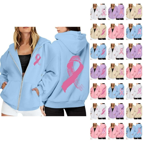 Breast Cancer Awareness Hoodie 2025 Long Sleeve Zip Up Hoodies with Pockets Hooded Sweatshirt Hoodie Women Jacket
