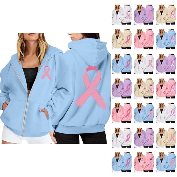 Breast Cancer Awareness Hoodie 2025 Long Sleeve Zip Up Hoodies with Pockets Hooded Sweatshirt Hoodie Women Jacket